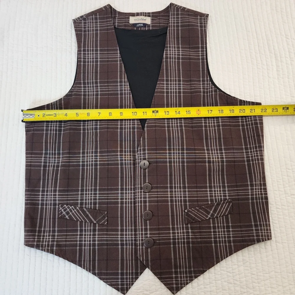 Anchor Blue Plaid Vest Men Large Brown‎ Classic Button Front Grunge Thrift-core
